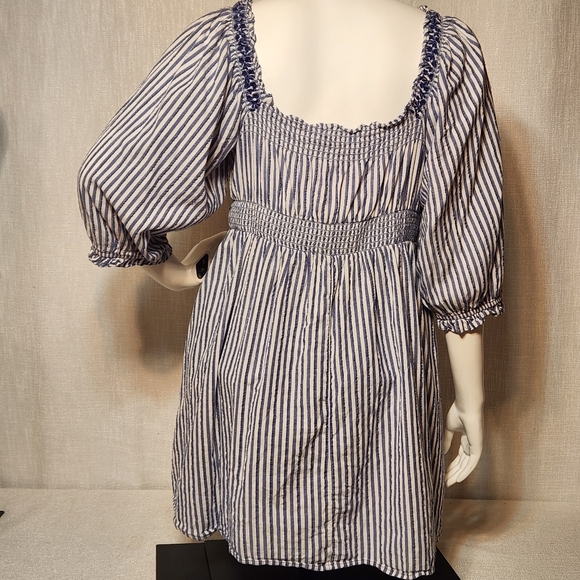 American Eagle Mini Dress Large Peasant Puff Sleeve Blue White Stripe Cinch - Picture 6 of 12
